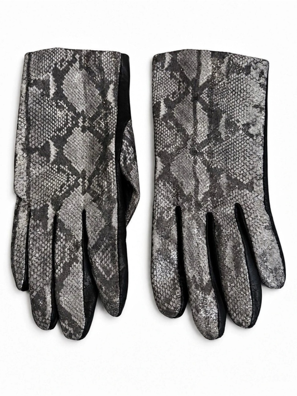 Chico’s Large Black Leather Silver Snakeskin Glitter Statement Gloves